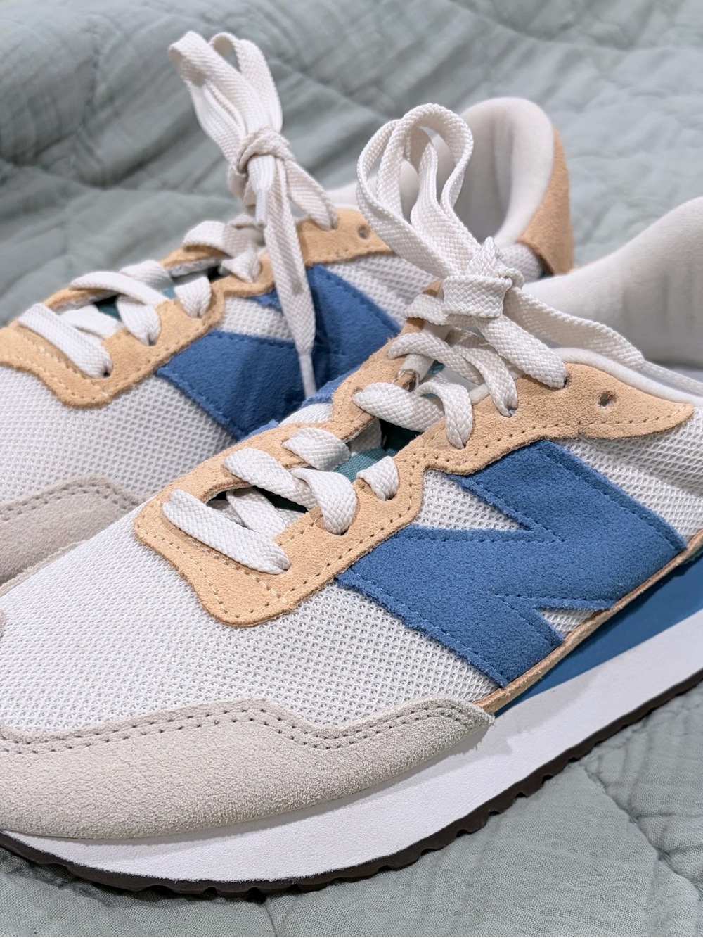 New Balance White, Blue & Tan Suede Mesh Sneakers